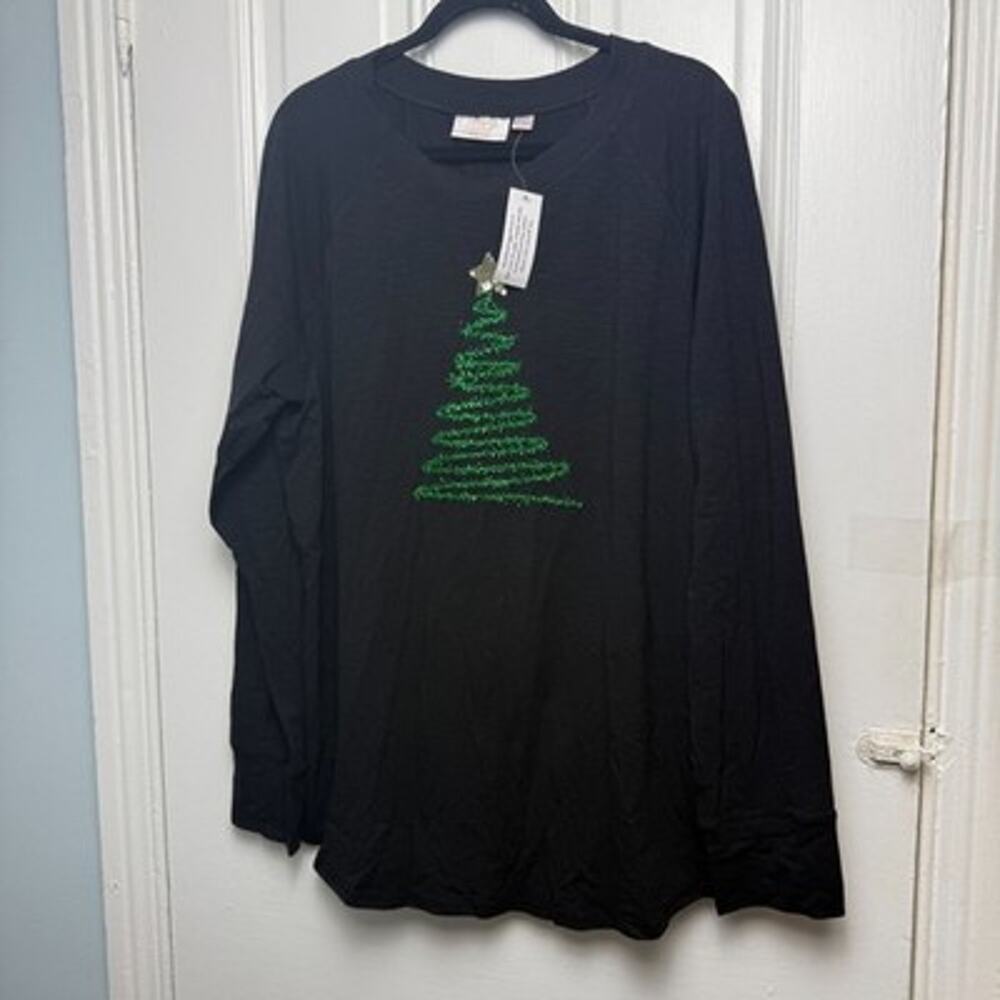 Jingle Belles by Kim Gravel Christmas Tree Graphic Slub Top Black Women XL New